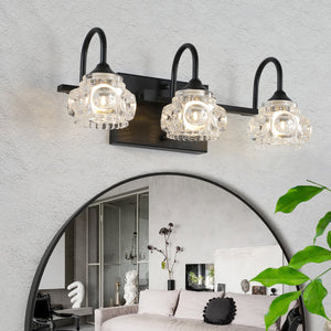 English Elm 17" Retro 3-Light Bathroom Vanity Light Fixture - Black Iron with Crystal Glass Shades, Wall Mounting Elegance for Powder Room (No Bulbs) W1340P206720