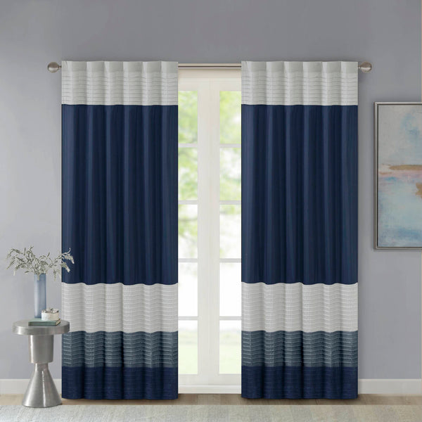 JLA Home Madison Park - Polyoni Pintuck Curtain Panel with Modern Stripes, Fully Lined Drapery for Privacy and Soft Light Navy MP40-2225