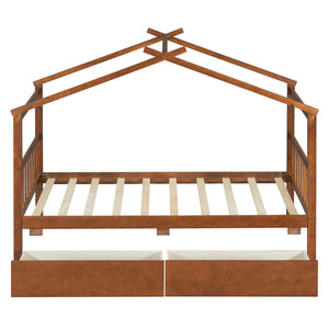 English Elm Twin House Bed Solid Pine Kids Cottage Frame with Storage Drawers Imaginative Room Walnut N708P309245L