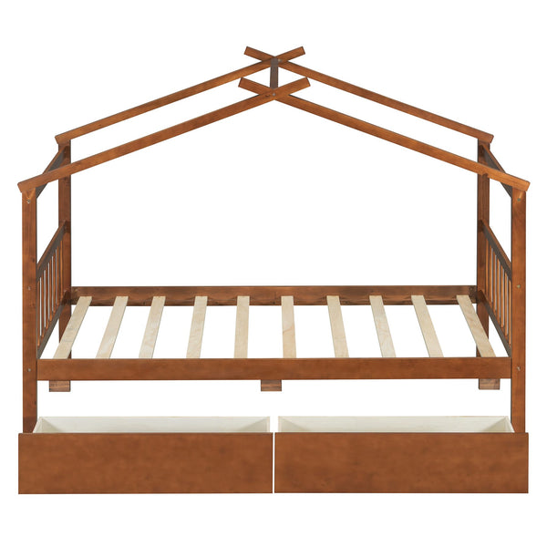 English Elm Twin House Bed Solid Pine Kids Cottage Frame with Storage Drawers Imaginative Room Walnut N708P309245L