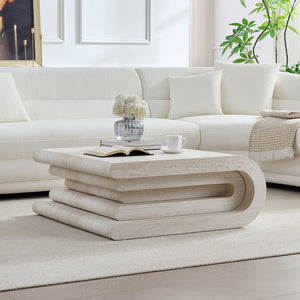English Elm 33.86 Inch Square Faux Travertine Coffee Table Sculptural Tiered Base Living Room W2582P425211