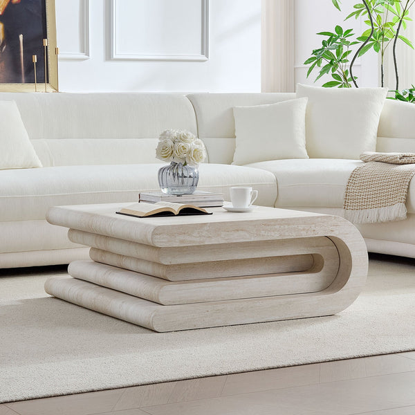 English Elm 33.86 Inch Square Faux Travertine Coffee Table Sculptural Tiered Base Living Room W2582P425211