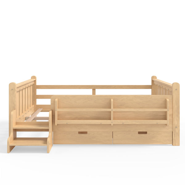 English Elm Twin Kids Platform Bed with Trundle Staircase Bookshelf and Rounded Safety Rails Light Natural W1580S00541
