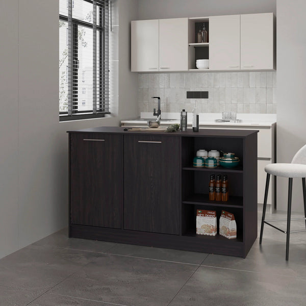English Elm Wengue Kitchen Island with Six Open Shelves, 59" Wide Modern Rectangular Console for Stylish Storage and Display B062S00606