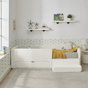 English Elm Twin Boucle Upholstered Kids Bed with Guardrails Built in Storage and Cushioned Step Stool Beige W1413P433364