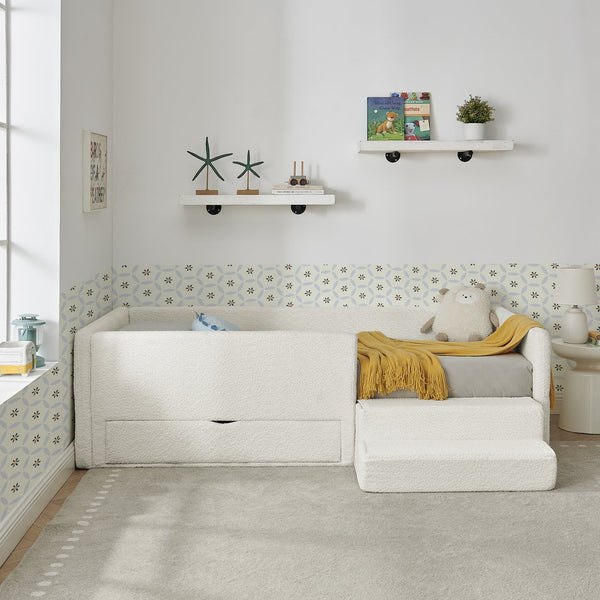 English Elm Twin Boucle Upholstered Kids Bed with Guardrails Built in Storage and Cushioned Step Stool Beige W1413P433364