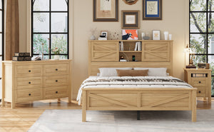 English Elm 3-Pieces Bedroom Set Full Size Farmhouse Platform Bed with Storage Headboard, Nightstand & Dresser Natural 46.25 L x 9.25 W x 9 H N733S369037M