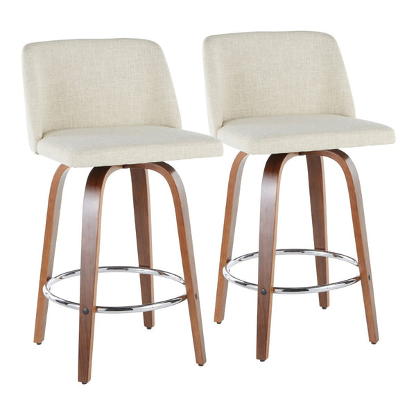 English Elm Toriano Mid-Century Modern Counter Stool Set Of 2 - Walnut Legs, Cream Fabric, Swivel Comfort B202S00385-GIGA
