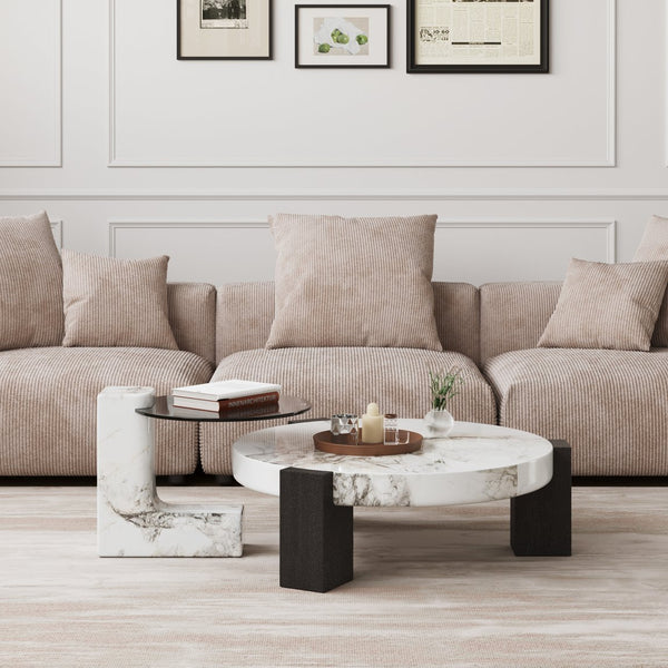 English Elm Bianco Marble-Pattern Coffee Table with Side Table Set — Modern White Top, Black Wood Legs, Durable Elegance B341S00040