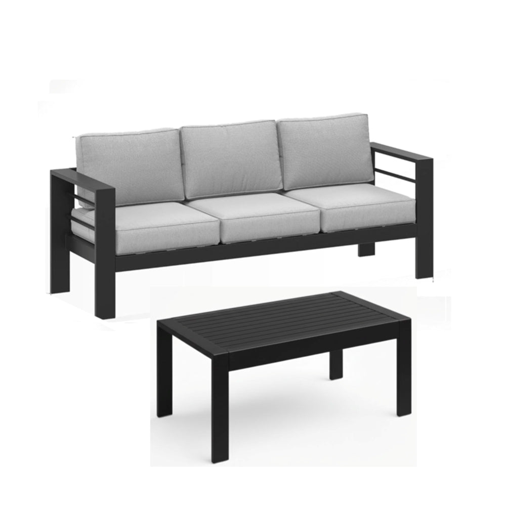 English Elm 2 Piece Outdoor Iron Patio Sofa Set with Thick Cushions and Wood Grain Coffee Table Black+ Gray B082P455117