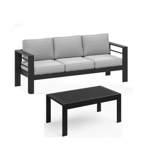 English Elm 2 Piece Outdoor Iron Patio Sofa Set with Thick Cushions and Wood Grain Coffee Table Black+ Gray B082P455117