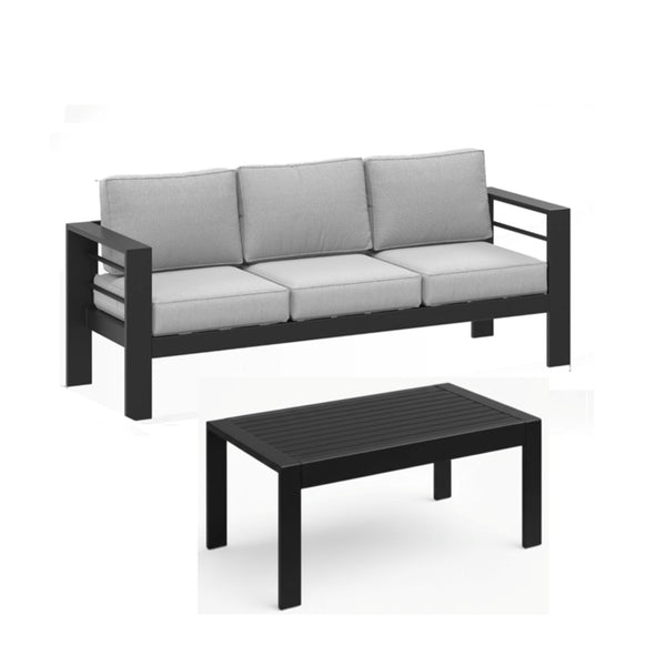 English Elm 2 Piece Outdoor Iron Patio Sofa Set with Thick Cushions and Wood Grain Coffee Table Black+ Gray B082P455117