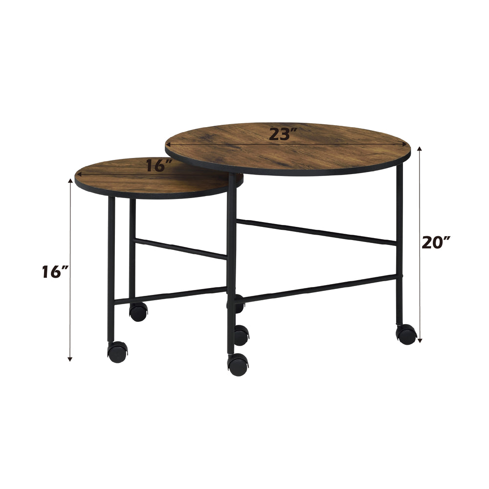 English Elm Oblis Vintage Oak Nesting Tables Set - 2Pc Wooden Round Tops, Metal Tripod Legs & Caster Wheels, Durable B2726P408070