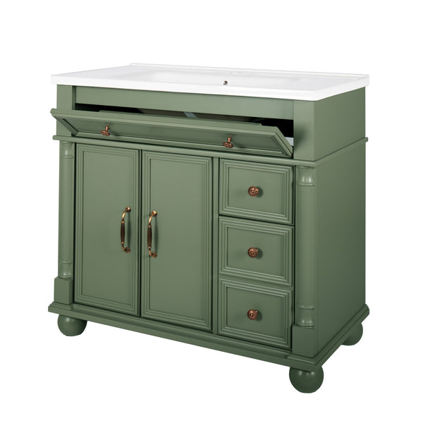 English Elm 35.6" Freestanding Bathroom Vanity with Roman Column Base and Ceramic Integrated Sink W1801S00008
