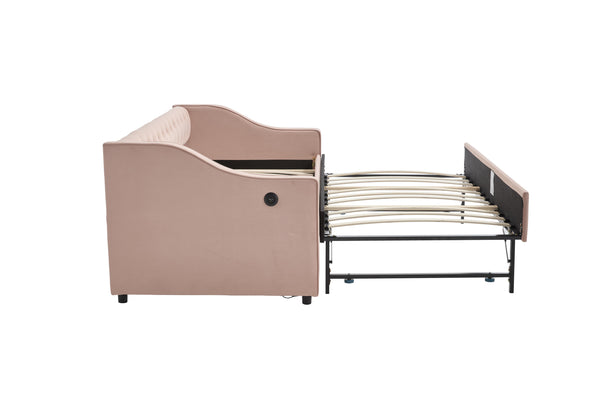 English Elm Twin Velvet Daybed with Pull Out Trundle Tufted Back Usb Port and Side Pockets Pink W1361S00037