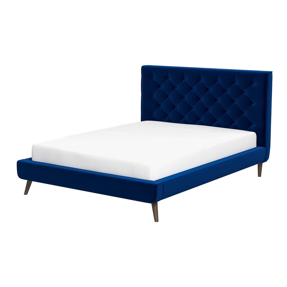 English Elm Ashcroft Furniture - Dillon Elegant Blue Velvet Platform Bed - Mid-Century Modern Design With No-Box-Spring Required B183S00080