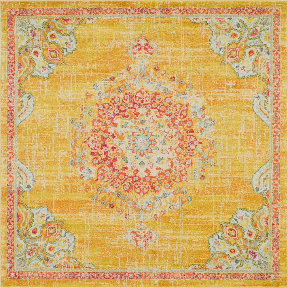 Unique Loom Penrose Alexis Machine Made Medallion Rug Gold, Brown/Gray/Ivory/Light Blue/Orange/Red 7' 10" x 7' 10"