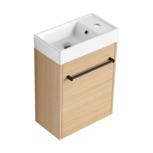 English Elm 16'' Floating Wall-Mounted Bathroom Vanity with Ceramic Basin, Soft-Close Door, Water-Resist Finish Light Oak W999P236336