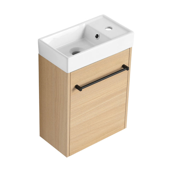 English Elm 16'' Floating Wall-Mounted Bathroom Vanity with Ceramic Basin, Soft-Close Door, Water-Resist Finish Light Oak W999P236336