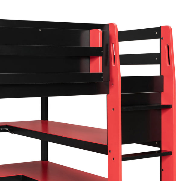 English Elm Full Size Gaming Loft Bed with Rgb Lights Wraparound Shelves and Built-in Usb Ports Red LT000299AAJ