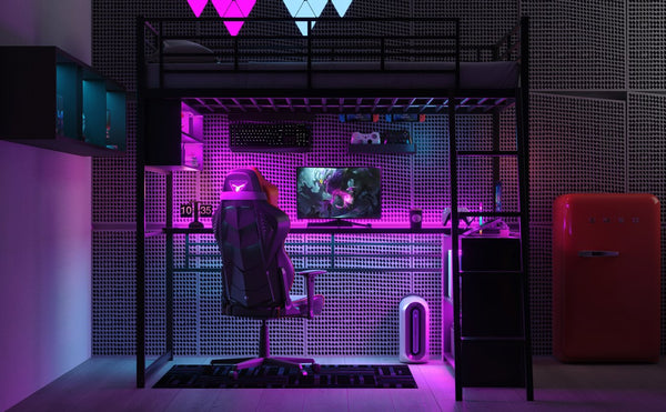 English Elm Full Metal Loft Bed with LED Desk & 4 Shelves, Black – Sturdy Full Frame, Color-Changing Lights, Compact GX000653AAB