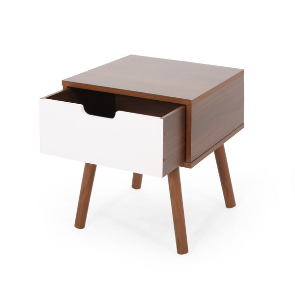 English Elm Christopher Knight Home® - END TABLE Mid-Century Modern Two-Toned End Table with Drawer, Faux Wood Top & Splayed Legs for Living Room White+Walnut 66761.00WALNWHT