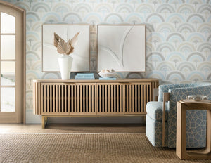 Hooker Furniture Commerce Easton Entertainment Console In Desert Oak — White Oak Solids, Slatted Doors, Cable Management, 78" Wide 7228-55050-82