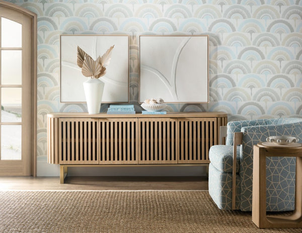 Hooker Furniture Commerce Easton Entertainment Console In Desert Oak — White Oak Solids, Slatted Doors, Cable Management, 78" Wide 7228-55050-82