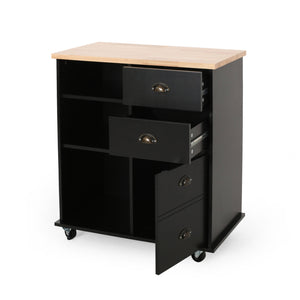 English Elm Christopher Knight Home® - Kitchen Island Cart with Rubberwood Top, Rolling Storage Cabinet with Drawers & Locking Casters Black 67757.00NATBLK