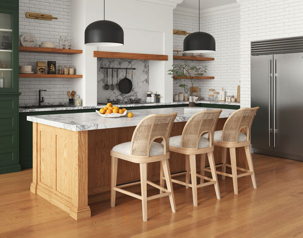 A.R.T. Furniture Frame Bar Stool - Modern Woven Sling Back Design With Natural Cane And Striking Upholstered Seat Brown Material(S), Ash & Poplar Solid,Plank,Effect Flakey & Quarter,Sawn Oak Veneer,Cane,Foam,Fabric 278208-2335bl