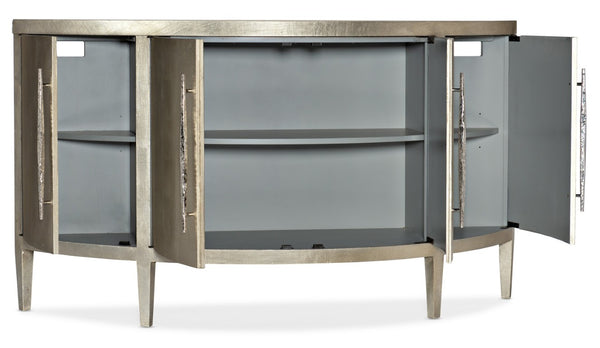 Hooker Furniture Melange Amberly Credenza With Champagne Silver Leaf Linen Finish, Taupe Interior, Textured Bar Pulls 638-85555-95