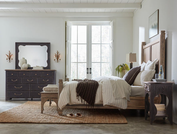 Hooker Furniture Americana Queen Panel Bedframe With Distressed Daisy Finish, Planked Headboard And Scrollwork Accents Medium Wood 7050-90250-85
