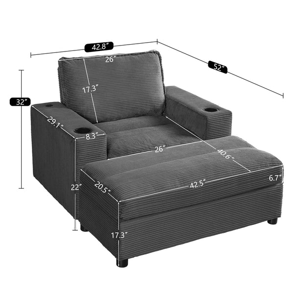 English Elm Christopher Knight Home® - 42.8" Oversized Chaise Lounge with Storage Ottoman, Corduroy Upholstery, USB Port & Cup Holders for Cozy Living Space Grey N765P350851G