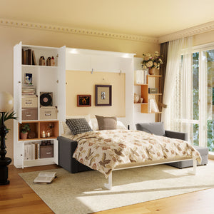 English Elm Queen Murphy Wall Bed with Velvet Sofa Built in Shelves Cabinets and Reading Lights White LP000393AAK