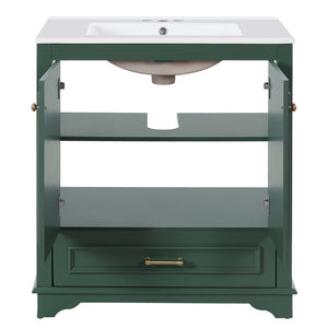 English Elm 30" Elegant Bathroom Vanity with Ceramic Sink, French-Inspired Compact Cabinet with Drawer & Shelf Green N710P317676F