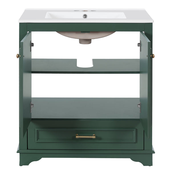 English Elm 30" Elegant Bathroom Vanity with Ceramic Sink, French-Inspired Compact Cabinet with Drawer & Shelf Green N710P317676F