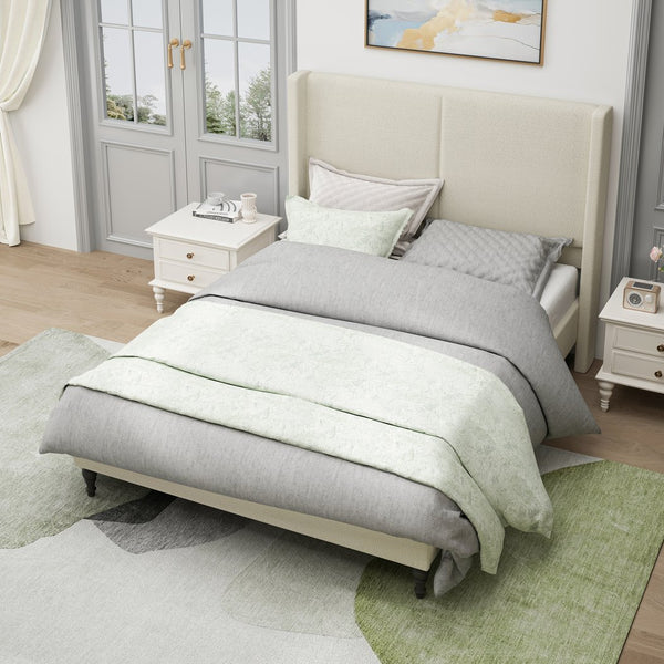 English Elm Queen Plush Upholstered Bed Frame with 55.5" High Headboard, Bouclé Style, 12-Slat Support, 1000lb Capacity Beige 64.96 L x 31.5 W x 8.07 H W1716P335674