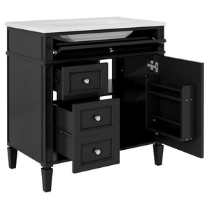 English Elm 30'' Modern Bathroom Vanity with Integrated Mirror Cabinet, Ceramic Sink, 3 Drawers & Ample Storage Black SW000126AAB-1