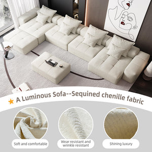 English Elm Modern Modular Sectional Sofa - Luxurious Chenille Fabric, 8 Pillows, No Assembly Needed, Beige/White W1885S00069