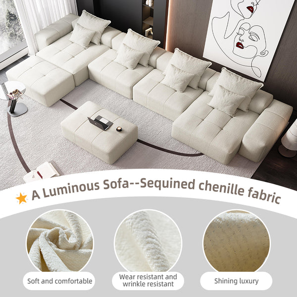 English Elm Modern Modular Sectional Sofa - Luxurious Chenille Fabric, 8 Pillows, No Assembly Needed, Beige/White W1885S00069