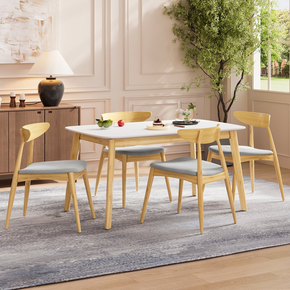 English Elm 5-piece Mid-century Rubberwood Dining Set with Upholstered Chairs for Kitchen or Room Beige+Natural,White Oak N759S003002B