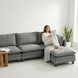 English Elm Modern Chenille Three Seat Sofa with Ottoman Usb Charging Ports and Storage Pockets Dark Grey W2519S00003