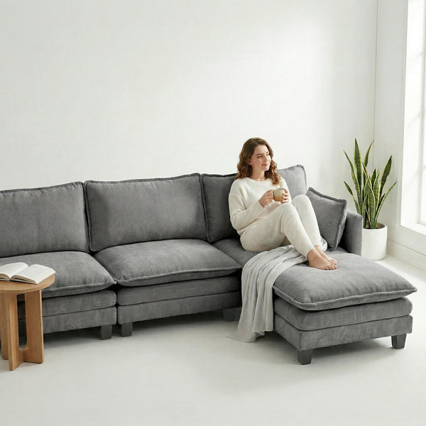 English Elm Modern Chenille Three Seat Sofa with Ottoman Usb Charging Ports and Storage Pockets Dark Grey W2519S00003