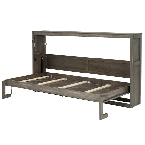 English Elm Twin Size Murphy Bed With Integrated Led Light - Space-Saving Foldable Cabinet For Stylish Living N7090004013D-GIGA