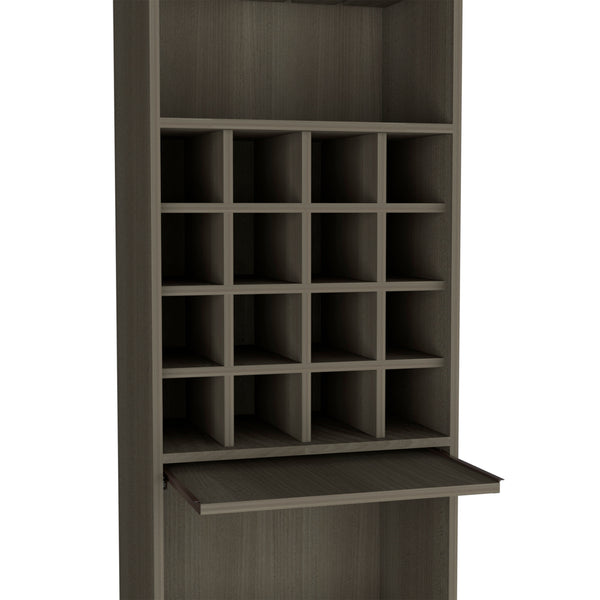 English Elm Kava Smokey Oak Bar Cabinet with Retractable Serving Tray, 16 Bottle Cubbies & 12 Glass Rack B070S00107