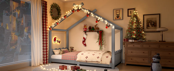 English Elm Twin House Frame Floor Bed Solid Pine Kids Room Montessori Low Profile Play Nook Gray W1580P387838