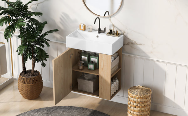 English Elm 21.6 inch Modern Floating Bathroom Vanity with Ceramic Basin, Wave Door, Rose Gold Handle Wood N729P170388D