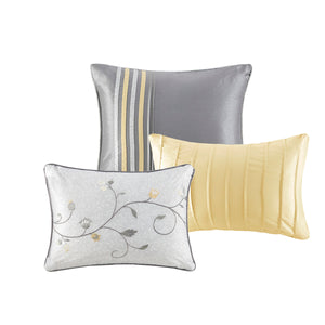 English Elm Embroidered Madison Park Serene 7-Piece Queen Comforter Set Yellow & Grey Faux Silk Floral Elegance B03596980