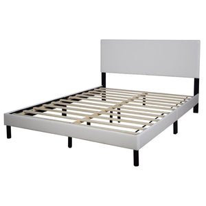 English Elm Modern White Pu Leather Platform Bed Upholstered Headboard Wood Slat Queen Frame B2771P498522