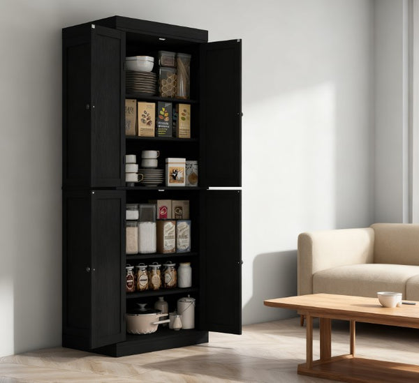 English Elm Nordic Shaker Freestanding Pantry Cabinet Black Wood Grain Finish Six Tier Kitchen T3971P428230